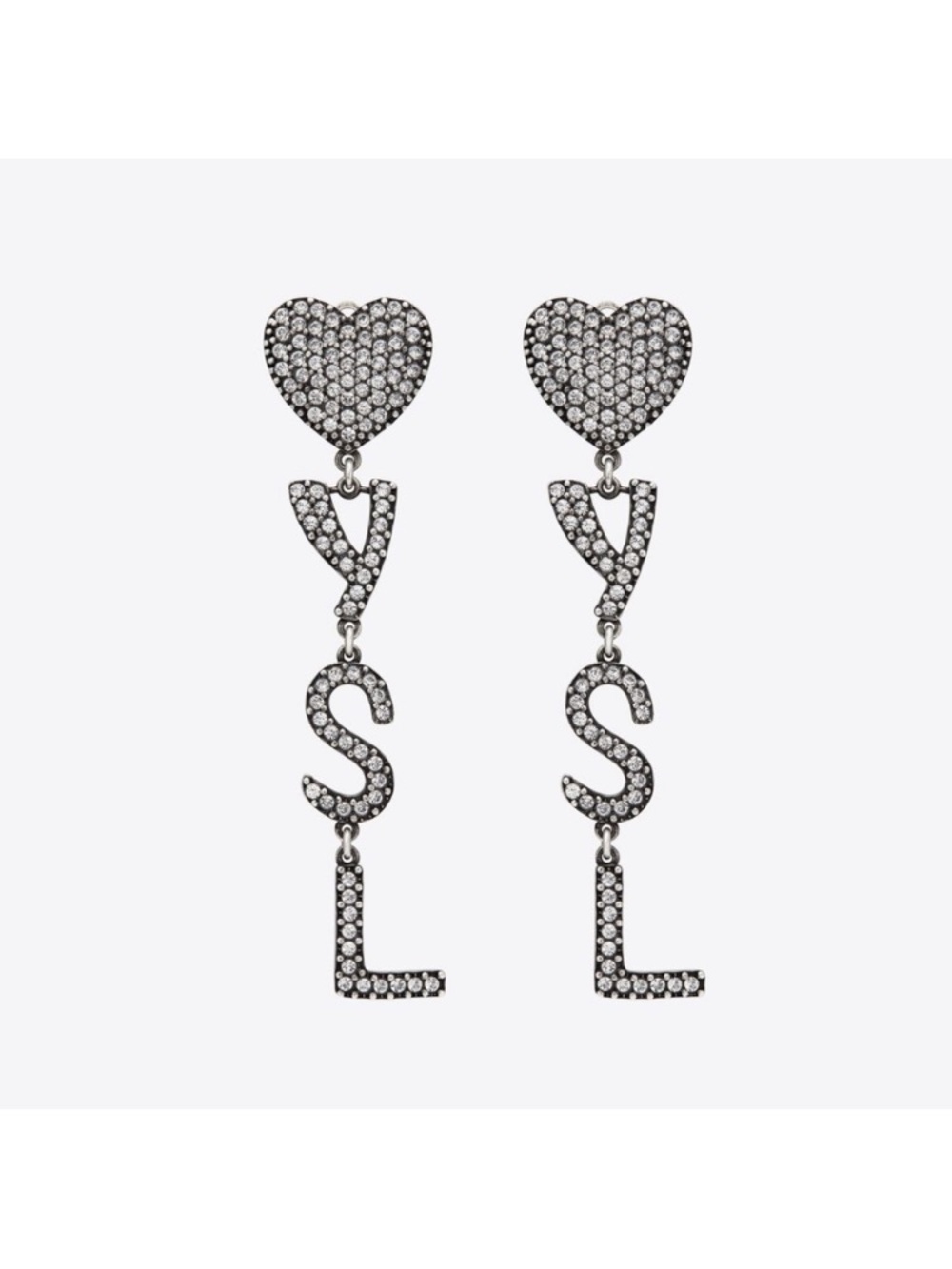 Yves Saint Laurent Crystal Pavé Heart Drop Earrings in Silver